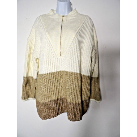 Talbots 1XP Petite Sweater Wool Blend Cable Knit Colorblock Cream Brown 1/4 Zip - Picture 1 of 11